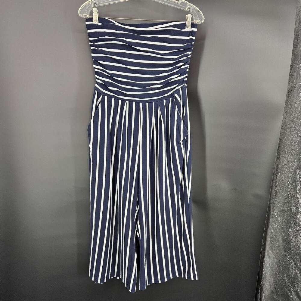 Jumpsuit Junior Large Navy White Stripe Strapless Capri Pockets Nautical Coastal - Picture 1 of 16